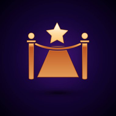 Bariyerli altın halı ve koyu mavi arka planda izole edilmiş yıldız ikonu. Vip etkinliği, lüks kutlama. Ünlüler partisi girişi. Vektör İllüstrasyonu