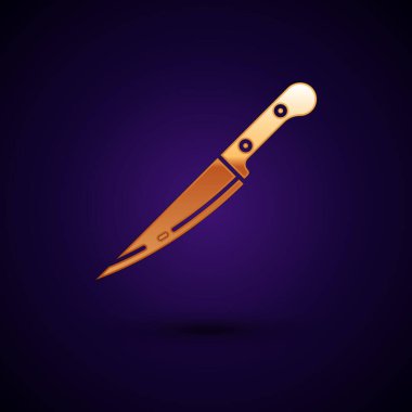 Altın Bıçak simgesi koyu mavi arka planda izole. Çatal bıçak takımı sembolü. Vektör İllüstrasyonu