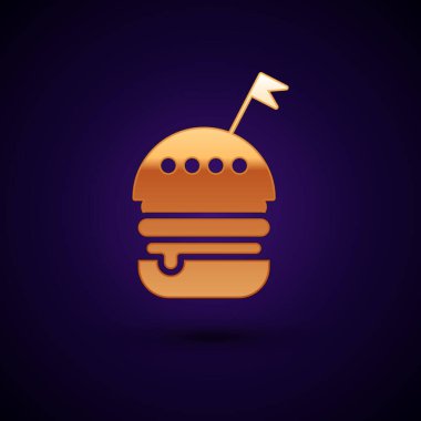 Altın Burger simgesi koyu mavi arka plan izole. Hamburger simgesi. Cheeseburger sandviç işareti. Fast food menüsü. Vektör İllüstrasyonu