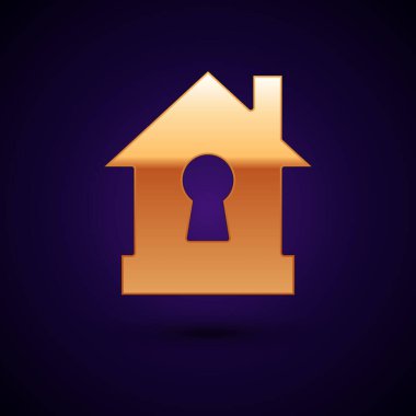 Gold House koruma simgesi altında koyu mavi arka plan izole. Koruma, güvenlik, güvenlik, koruma, savunma konsepti. Vektör İllüstrasyonu