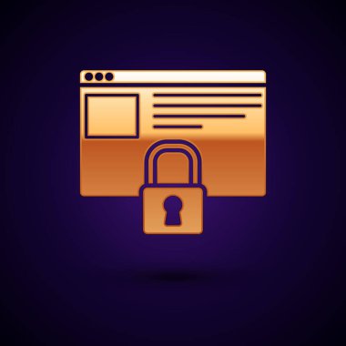 Gold, siteni Https ile koru, SSl simgesi koyu mavi arka planda izole edildi. İnternet iletişim protokolü. Vektör İllüstrasyonu