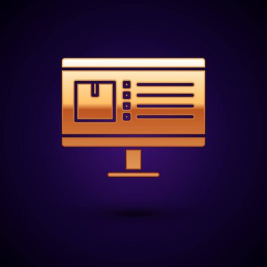 Uygulama iletim simgesine sahip altın bilgisayar monitörü koyu mavi arkaplanda izole edildi. Paket takibi. Vektör İllüstrasyonu