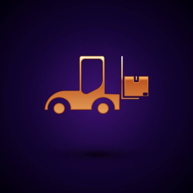 Koyu mavi arka planda altın forklift ikonu izole edildi. Çatal doldurucu ve karton kutu. Kargo teslimatı, nakliye, ulaşım. Vektör İllüstrasyonu