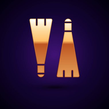 Koyu mavi arka planda izole edilmiş yüzme ikonu için altın rengi lastik yüzgeçler. Dalış ekipmanları. Olağanüstü bir spor. Su altı ekipmanları. Vektör İllüstrasyonu