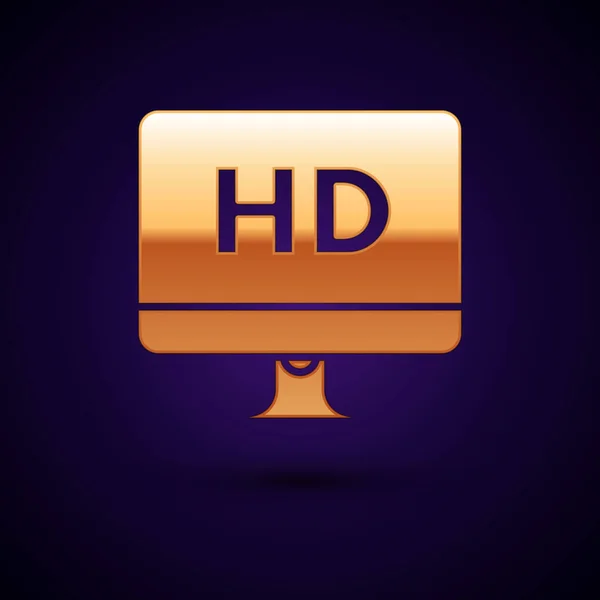 Gold Computer PC monitor display with HD video technology icon isolated on dark blue background. Vector Illustration — Stockový vektor