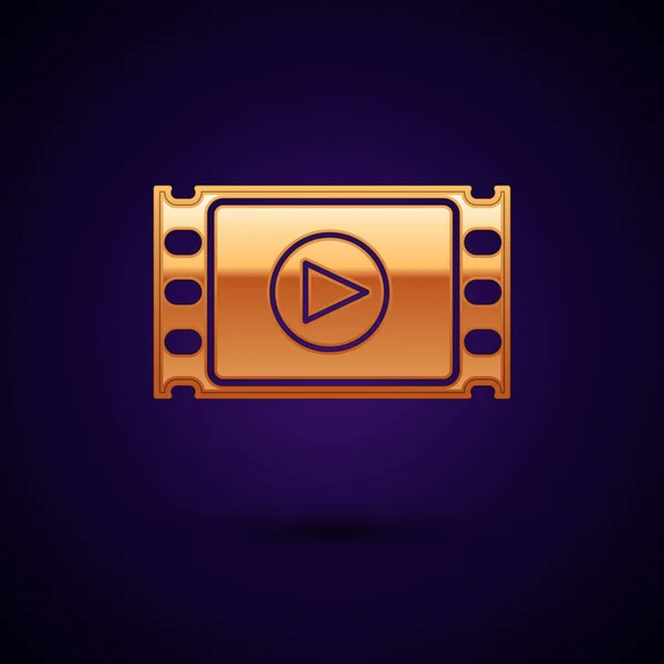 Gold Play Ícone de vídeo isolado no fundo azul escuro. Tira de filme com sinal de jogo. Ilustração vetorial — Vetor de Stock