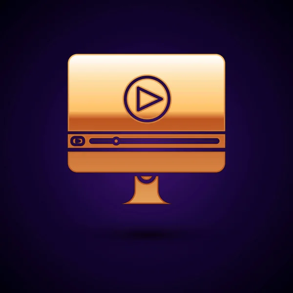 Gold Online spela video ikon isolerad på mörkblå bakgrund. Datorskärm och filmremsa med lekskylt. Vektor Illustration — Stock vektor