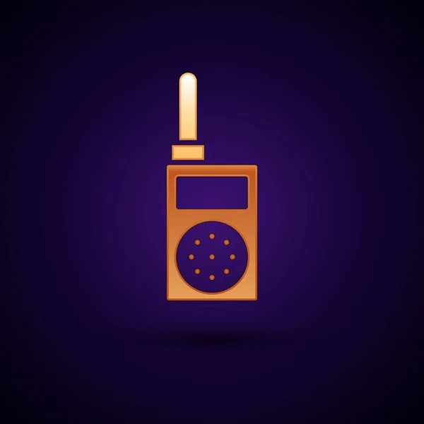 Gold Walkie talkie ikon isolerad på mörkblå bakgrund. Portabel radiosändarikon. Radiosändarskylt. Vektor Illustration — Stock vektor