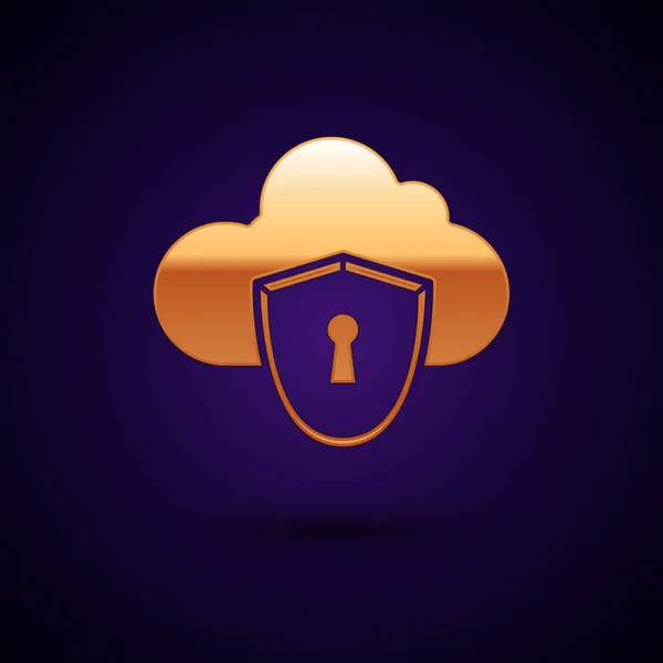 Gold Cloud och sköld ikon isolerad på mörkblå bakgrund. Dataskydd för molnlagring. Säkerhet, skydd, integritetskoncept. Vektor Illustration — Stock vektor