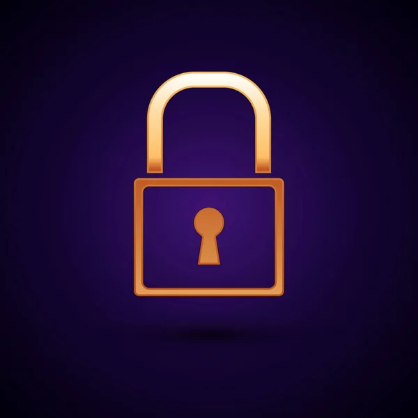 Icono Gold Lock aislado sobre fondo azul oscuro. Señal de candado. Seguridad, seguridad, protección, concepto de privacidad. Ilustración vectorial — Vector de stock