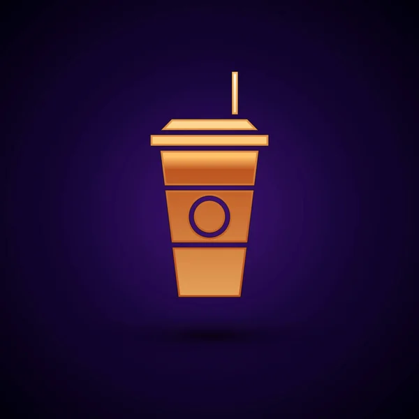 Arany kávé csésze ikon elszigetelt sötétkék háttér. Eldobható kávéscsésze forró kávéval. Vektorillusztráció — Stock Vector