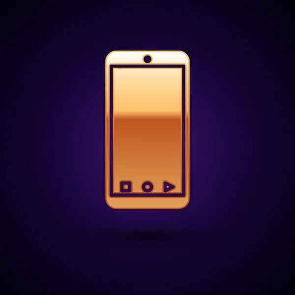 Teléfono inteligente Gold Mobile con icono de seguimiento de entrega de aplicaciones aislado sobre fondo azul oscuro. Seguimiento de paquetes. Ilustración vectorial — Vector de stock
