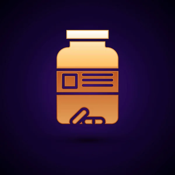 Gold Medicine botella y pastillas icono aislado sobre fondo azul oscuro. Signo de la píldora. Diseño de farmacia. Ilustración vectorial — Vector de stock