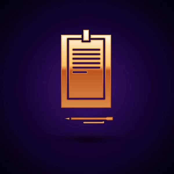 Goldene Zwischenablage mit Dokument-Symbol isoliert auf dunkelblauem Hintergrund. Vektorillustration — Stockvektor
