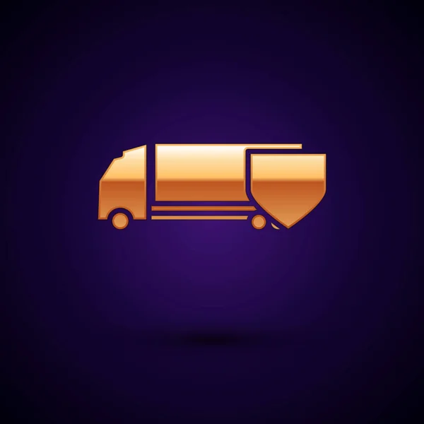 Gold Delivery cargo truck with shield icon isolated on dark blue background. Insurance concept. Security, safety, protection, protect concept. Vector Illustration — ストックベクタ