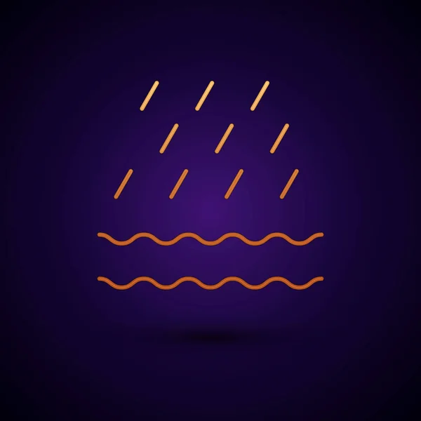 Gold Rain and waves icon isolated on dark blue background. Rain cloud precipitation with rain drops. Vector Illustration — Stock Vector