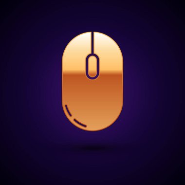 Altın Bilgisayar fare simgesi koyu mavi arka plan üzerinde izole. Tekerlek sembolü ile optik. Vektör İllüstrasyonu