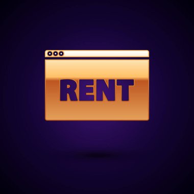 Koyu mavi arkaplanda izole edilmiş metin çevrimiçi kira simgesi ile Altın Asılma işareti. Metin Rent 'li pano. Vektör İllüstrasyonu