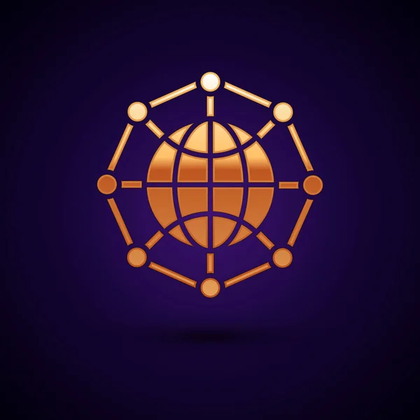 Gold Tecnologia globale o icona del social network isolato su sfondo blu scuro. Illustrazione vettoriale — Vettoriale Stock
