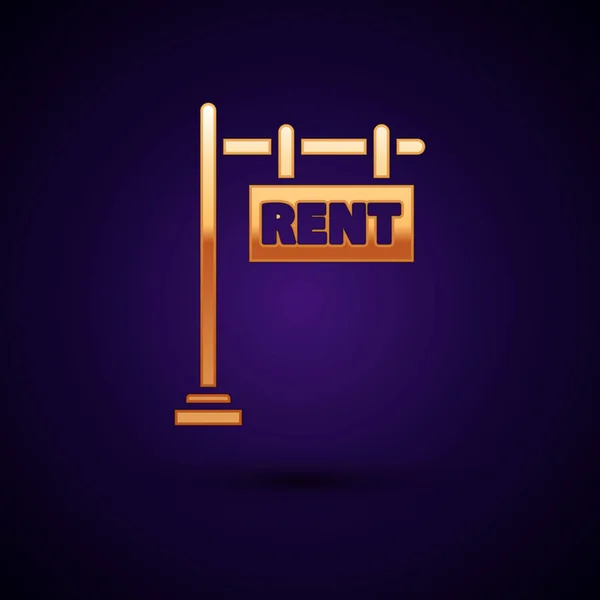 Gold Hanging sign with text Rent icon isolated on dark blue background. Signboard with text Rent. Vector Illustration — Stock Vector