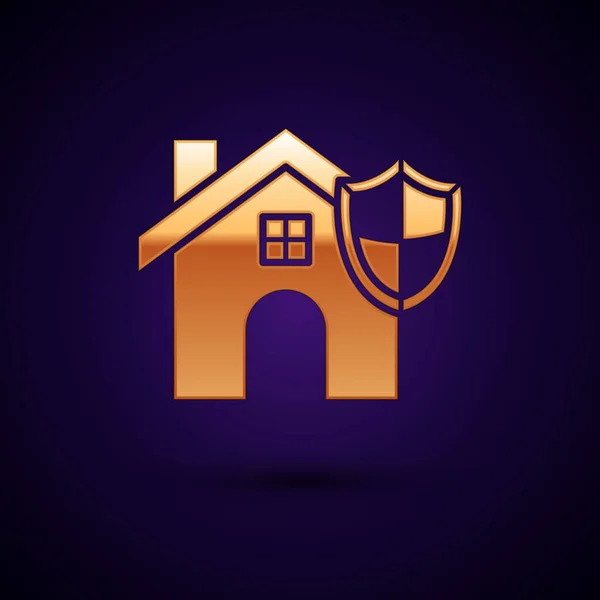 Goldhaus mit Schildsymbol isoliert auf dunkelblauem Hintergrund. Versicherungskonzept. Sicherheit, Sicherheit, Schutz, Schutzkonzept. Vektorillustration — Stockvektor