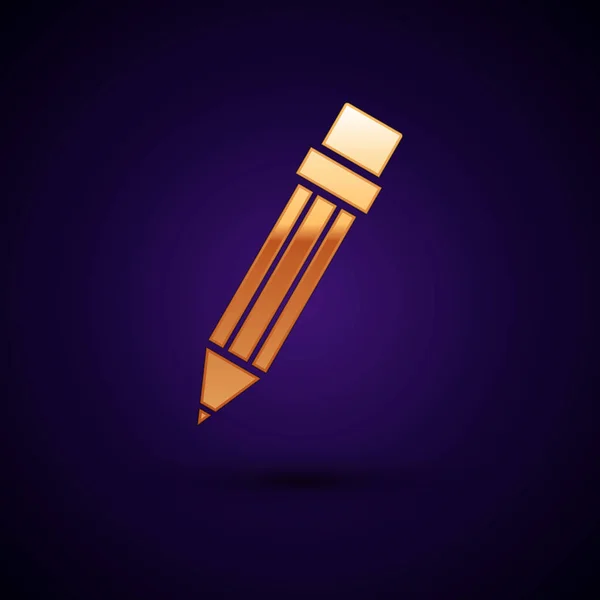 Złoty ołówek z ikoną gumki na ciemnoniebieskim tle. Narzędzia do rysowania i edukacji. Symbol biura szkolnego. Ilustracja wektora — Wektor stockowy