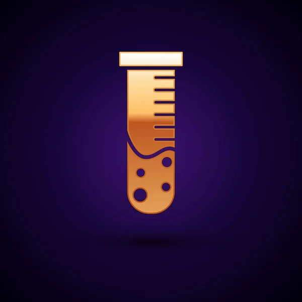 Tubo de teste de ouro e ícone de teste químico do frasco isolado no fundo azul escuro. Sinal de vidro de laboratório. Ilustração vetorial — Vetor de Stock