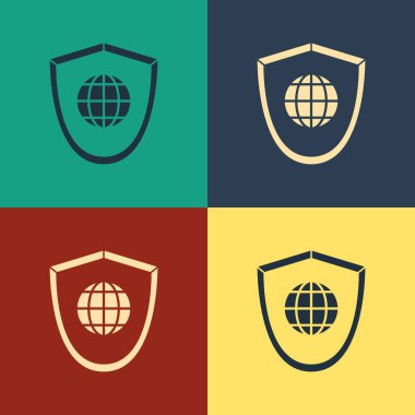 Color Shield with world globe icon isolated on color background. Security, safety, protection, privacy concept. Vintage style drawing. Vector Illustration