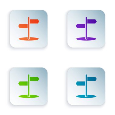 Renkli yol trafik tabelası. Beyaz arkaplanda sinyal simgesi izole edildi. İşaretçi sembolü. İzole sokak bilgi levhası. Yön tabelası. Renkli kare düğmelere simgeleri yerleştir. Vektör İllüstrasyonu