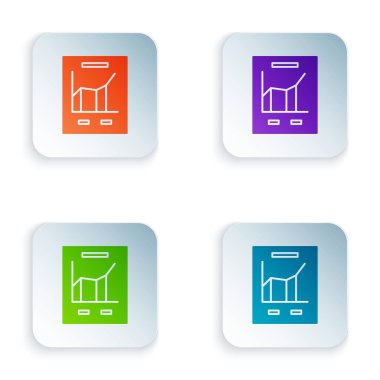 Beyaz arka planda izole grafik grafiği simgesi ile renkli belge. Rapor metin dosyası simgesi. Hesap işareti. Denetim, analiz, planlama. Renkli kare düğmeleri simgeleri ayarlayın. Vektör Illustration