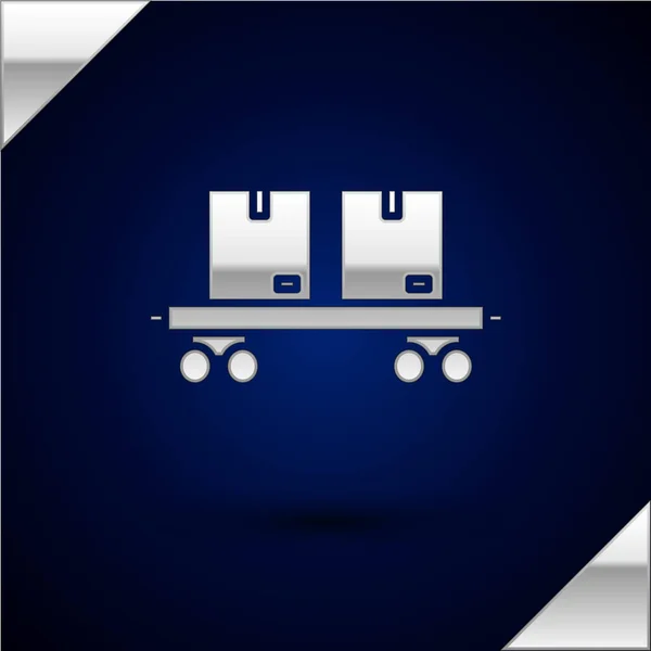 Ikone des silbernen Eisenbahnwagens isoliert auf dunkelblauem Hintergrund. Vektorillustration — Stockvektor