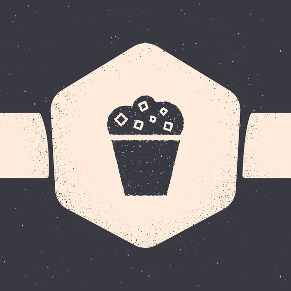 Grunge Popcorn dans boîte en carton icône isolée sur fond gris. Boîte à seau de maïs soufflé. Dessin vintage monochrome. Illustration vectorielle — Image vectorielle