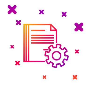 Beyaz arkaplanda izole edilmiş vites simgesi içeren renk çizgisi Belge ayarları. Yazılım güncellemesi, transfer protokolü, takım çalışması araç yönetimi. Kademeli rastgele dinamik şekiller. Vektör İllüstrasyonu