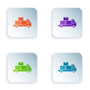 Color Delivery truck with cardboard boxes behind icon isolated on white background. Set icons in colorful square buttons. Vector Illustration