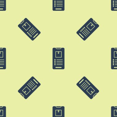 Blue Mobile smart phone with app delivery tracking icon isolated seamless pattern on yellow background. Parcel tracking. Vector Illustration