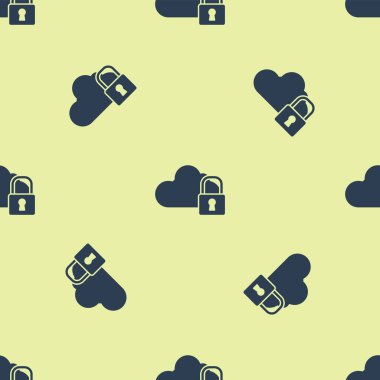 Blue Cloud computing lock icon isolated seamless pattern on yellow background. Security, safety, protection concept. Protection of personal data. Vector Illustration