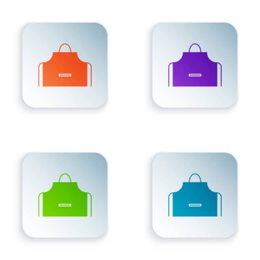 Renkli mutfak önlüğü simgesi beyaz arkaplanda izole edildi. Yemek pişirmek için şef üniforması. Renkli kare düğmelere simgeleri yerleştir. Vektör İllüstrasyonu