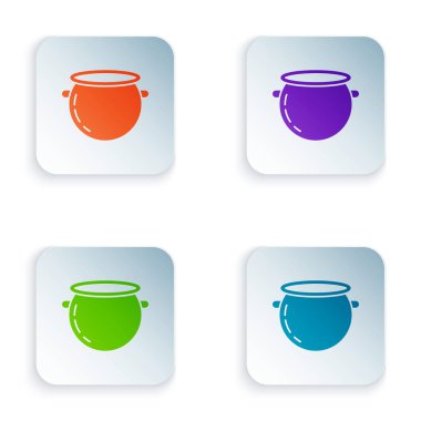 Beyaz arka planda izole edilmiş renkli cadılar bayramı cadı kazanı ikonu. Mutlu Cadılar Bayramı Partisi. Renkli kare düğmelere simgeleri yerleştir. Vektör İllüstrasyonu