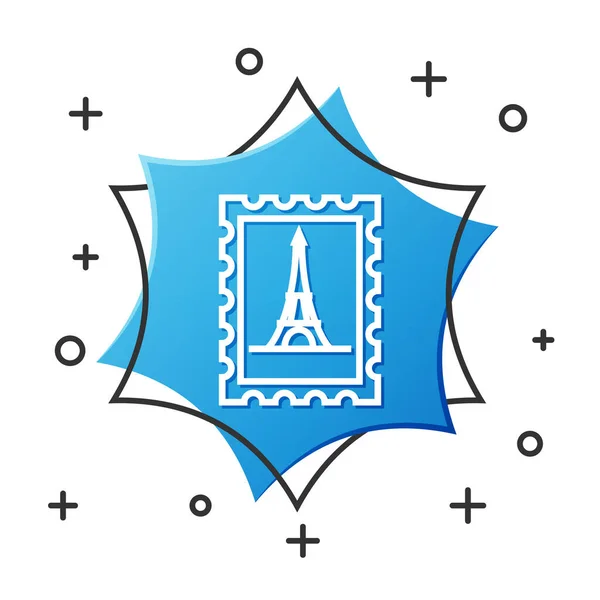 Linha branca Carimbo postal e ícone da torre Eiffel isolados sobre fundo branco. Botão hexágono azul. Ilustração vetorial — Vetor de Stock