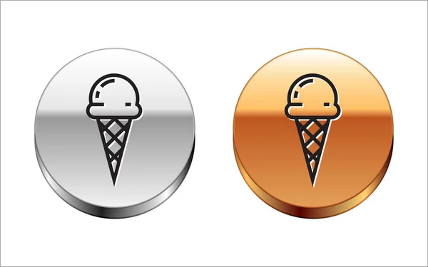 Black line Ice cream in waffle cone icon isolated on white background. Sweet symbol. Silver-gold circle button. Vector Illustration — Stock Vector