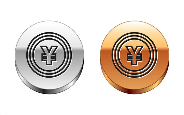 Svart linje Mynt pengar med Yen symbol ikon isolerad på vit bakgrund. Bankväxel. Kontantsymbol. Silver-guldcirkelknappen. Vektor Illustration — Stock vektor