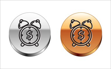 Beyaz zemin üzerinde dolar sembolü olan siyah çizgi alarm saati. Vakit nakittir. Etkili zaman yönetimi. İş konsepti. Gümüş-altın halka düğmesi. Vektör İllüstrasyonu