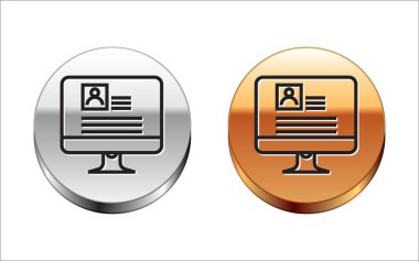 Beyaz arkaplanda özgeçmiş simgesine sahip siyah çizgi bilgisayar monitörü. Özgeçmiş başvurusu. Profesyonel personel aranıyor. Personel analizi devam ediyor. Gümüş-altın halka düğmesi. Vektör İllüstrasyonu