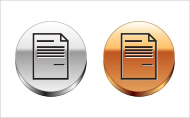 Beyaz arkaplanda siyah çizgi belge simgesi izole edildi. Dosya simgesi. Kontrol listesi simgesi. İş konsepti. Gümüş-altın halka düğmesi. Vektör İllüstrasyonu