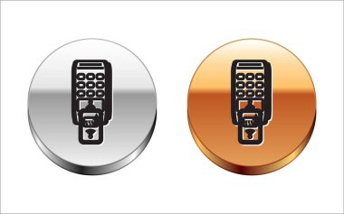 Siyah çizgi Pos terminali basılı alıcı ile ve ödemenin akıllı telefon simgesi tarafından beyaz arkaplanda izole edildiğini doğruluyor. NFC ödeme konsepti. Gümüş-altın halka düğmesi. Vektör İllüstrasyonu
