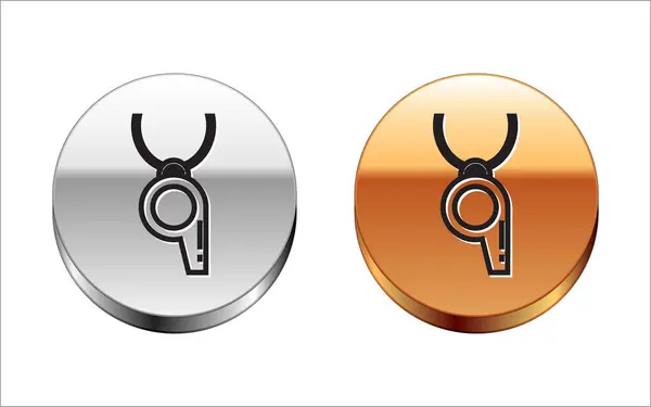 Fekete vonal Whistle ikon elszigetelt fehér háttérrel. Játékvezető szimbólum. Fitness és sport tábla. Ezüst-arany kör gomb. Vektorillusztráció — Stock Vector