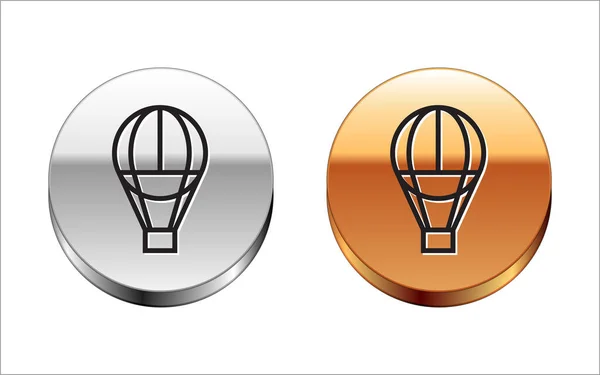 Black line Hot air balloon icon isolated on white background. Air transport for travel. Silver-gold circle button. Vector Illustration — Stock Vector