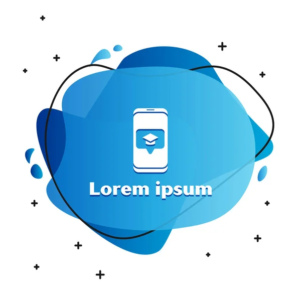 Beyaz mezuniyet şapkası ekrandaki akıllı telefon simgesi beyaz arkaplanda izole edildi. Çevrimiçi öğrenme ya da e-öğrenme kavramı. Sıvı şekilli soyut pankart. Vektör İllüstrasyonu — Stok Vektör