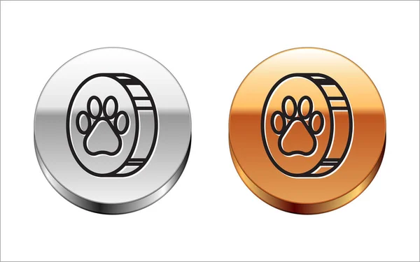 Zwarte lijn Paw print icoon geïsoleerd op witte achtergrond. Afdruk van honden- of kattenpootjes. Dierenspoor. Zilveren-gouden cirkel knop. Vector Illustratie — Stockvector