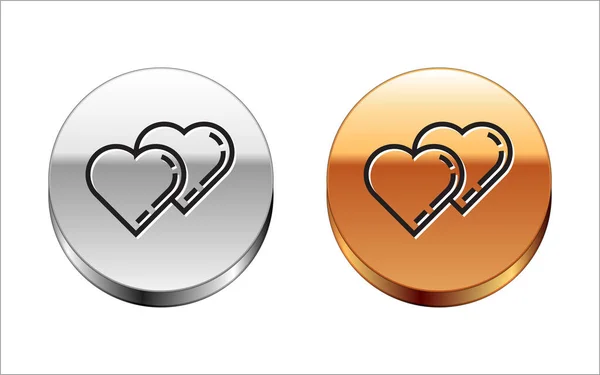 Black line Two Linked Hearts icon isolated on white background. Romantic symbol linked, join, passion and wedding. Valentine day symbol. Silver-gold circle button. Vector Illustration — Stok Vektör